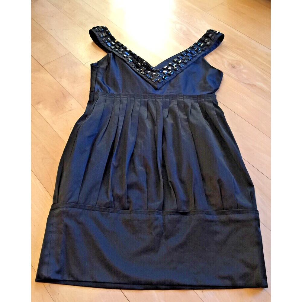 ZARA Jewel Embellished Rhinestone Black Satin Party Dress Beaded V-Neck M 8 10 - Picture 6 of 6